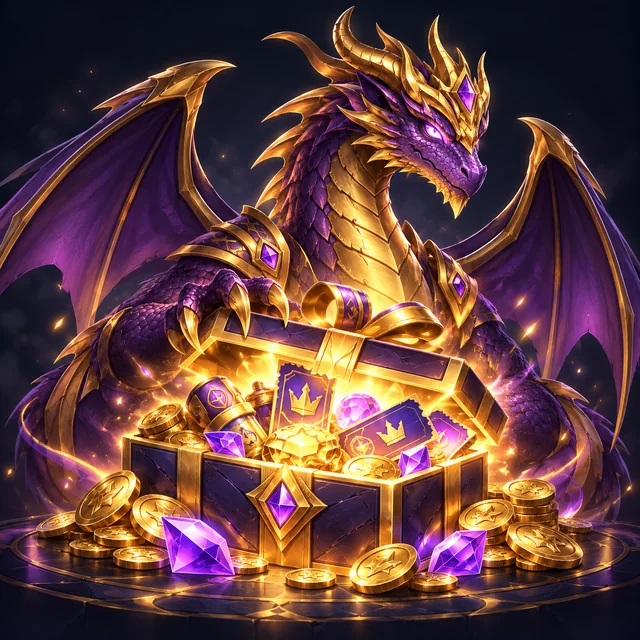 Purple and gold community dragon guarding a gift chest